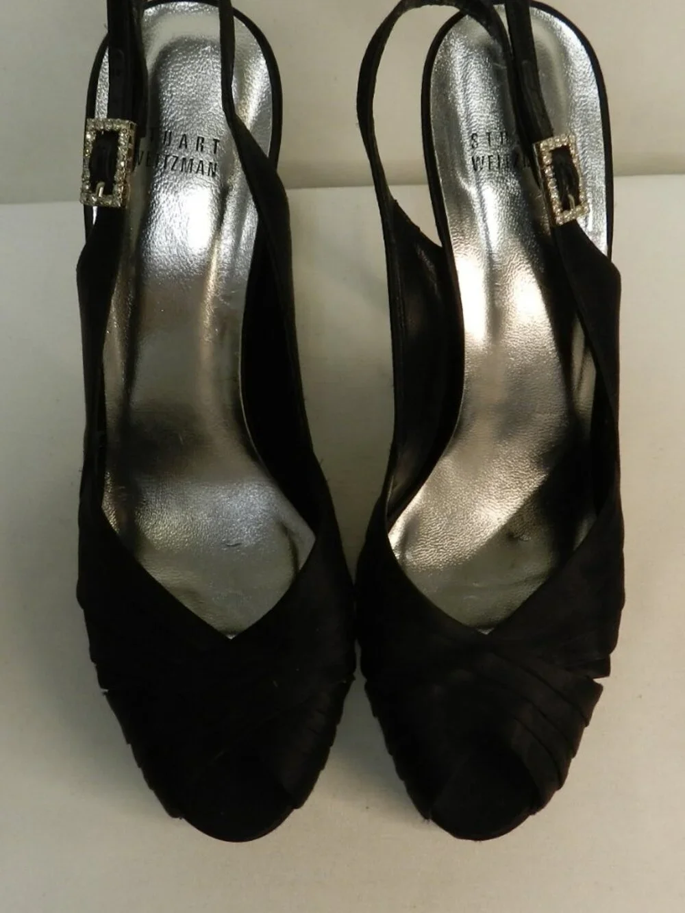 Stuart Weitzman Satin Leather Crystal Buckle black slingback peep toe heels 9.5